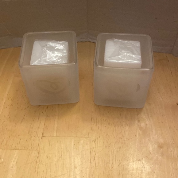 Set of 4-2 new frosted white glass candle holders & 2 new white candles as shown - Picture 1 of 8